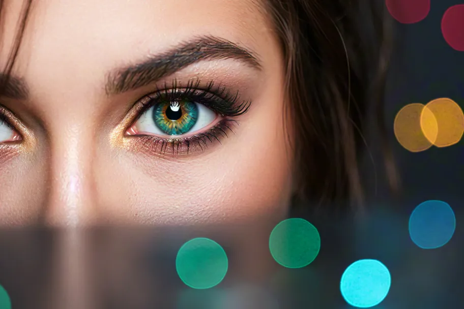 Close-up portrait of woman with green eyes and bokeh lights