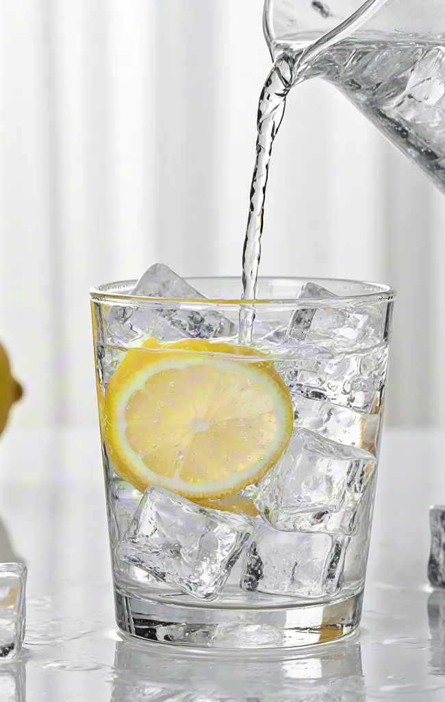 Cold lemon water with ice cubes