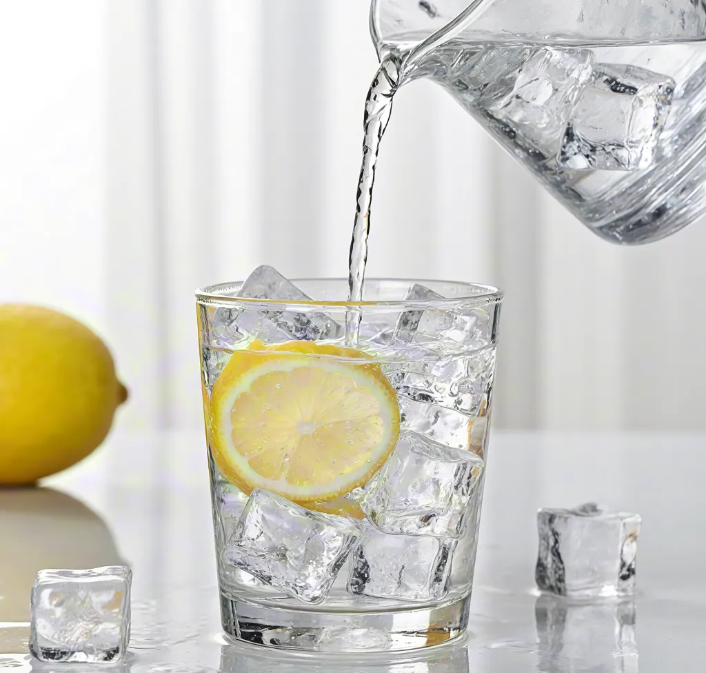 Cold lemon water with ice cubes – refreshing drink photography