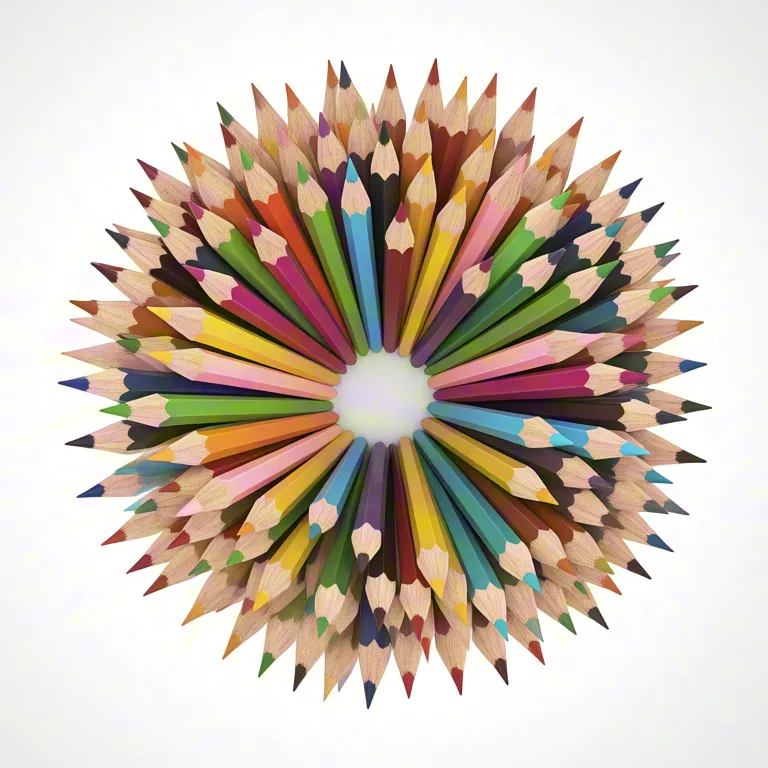 Color pencils arranged in circular rainbow pattern