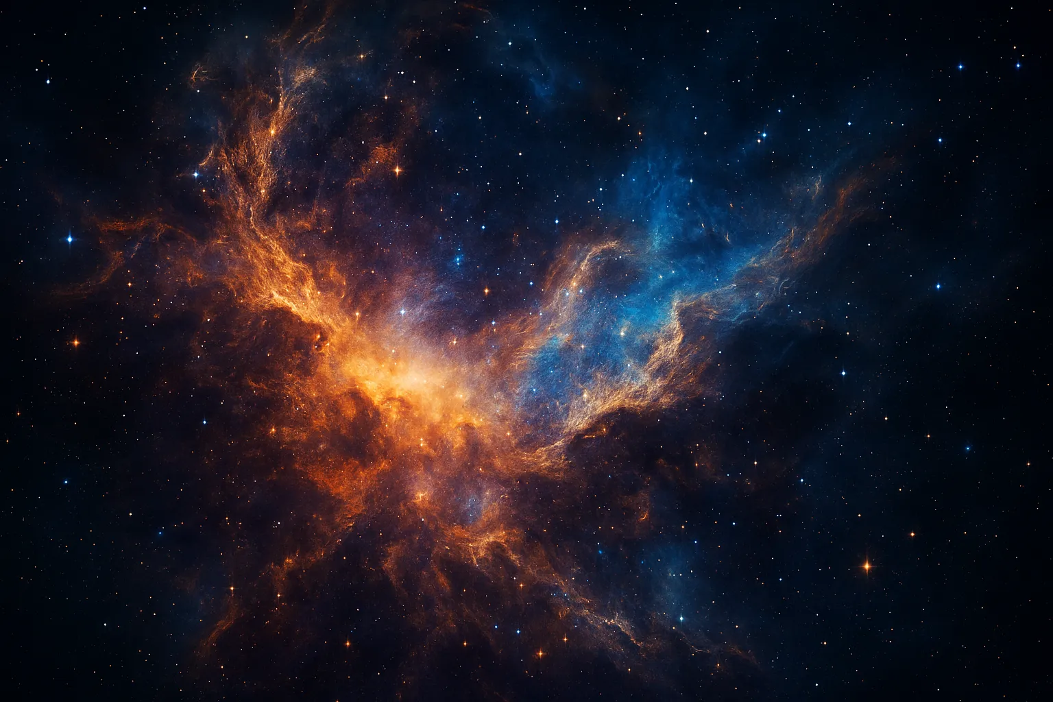 Vibrant nebula in deep space showing orange and blue interstellar clouds illuminated by distant stars