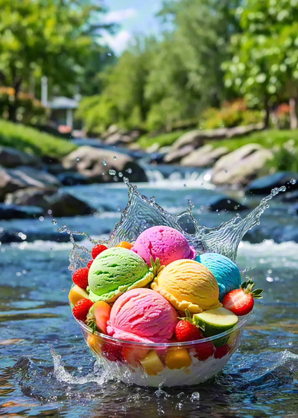 Bowl of colorful ice cream floating in clear stream