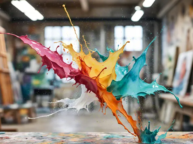 Vibrant paint explosion in creative workshop