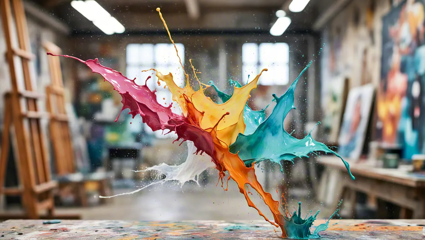 Vibrant paint explosion in creative workshop
