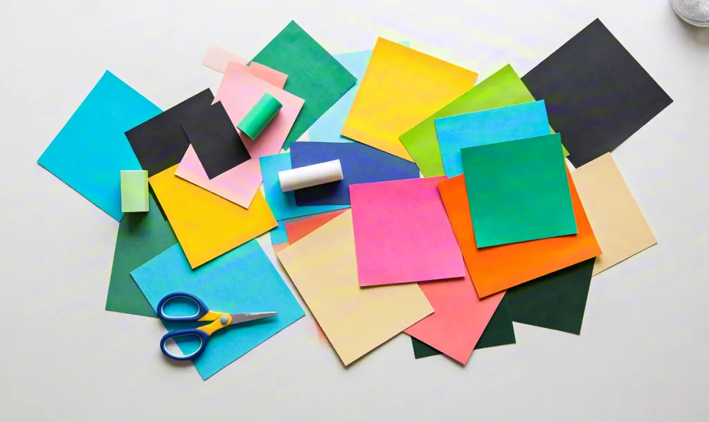 Colorful paper sheets and scissors on desk – creative design background