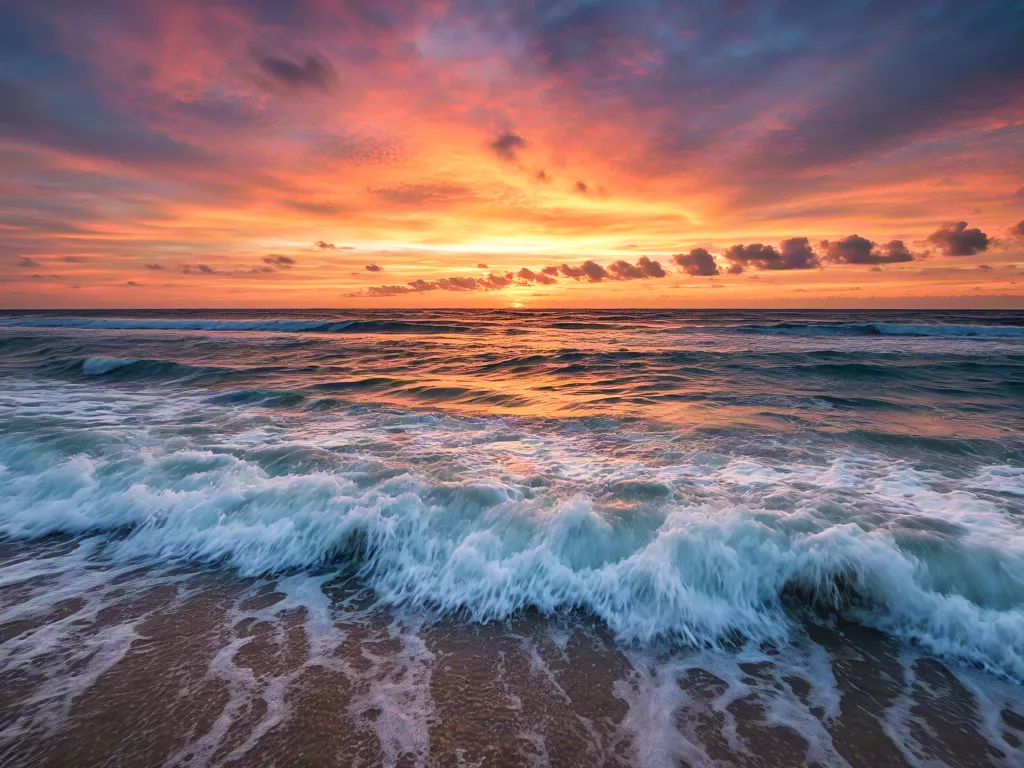 Colorful sunset over ocean waves and horizon