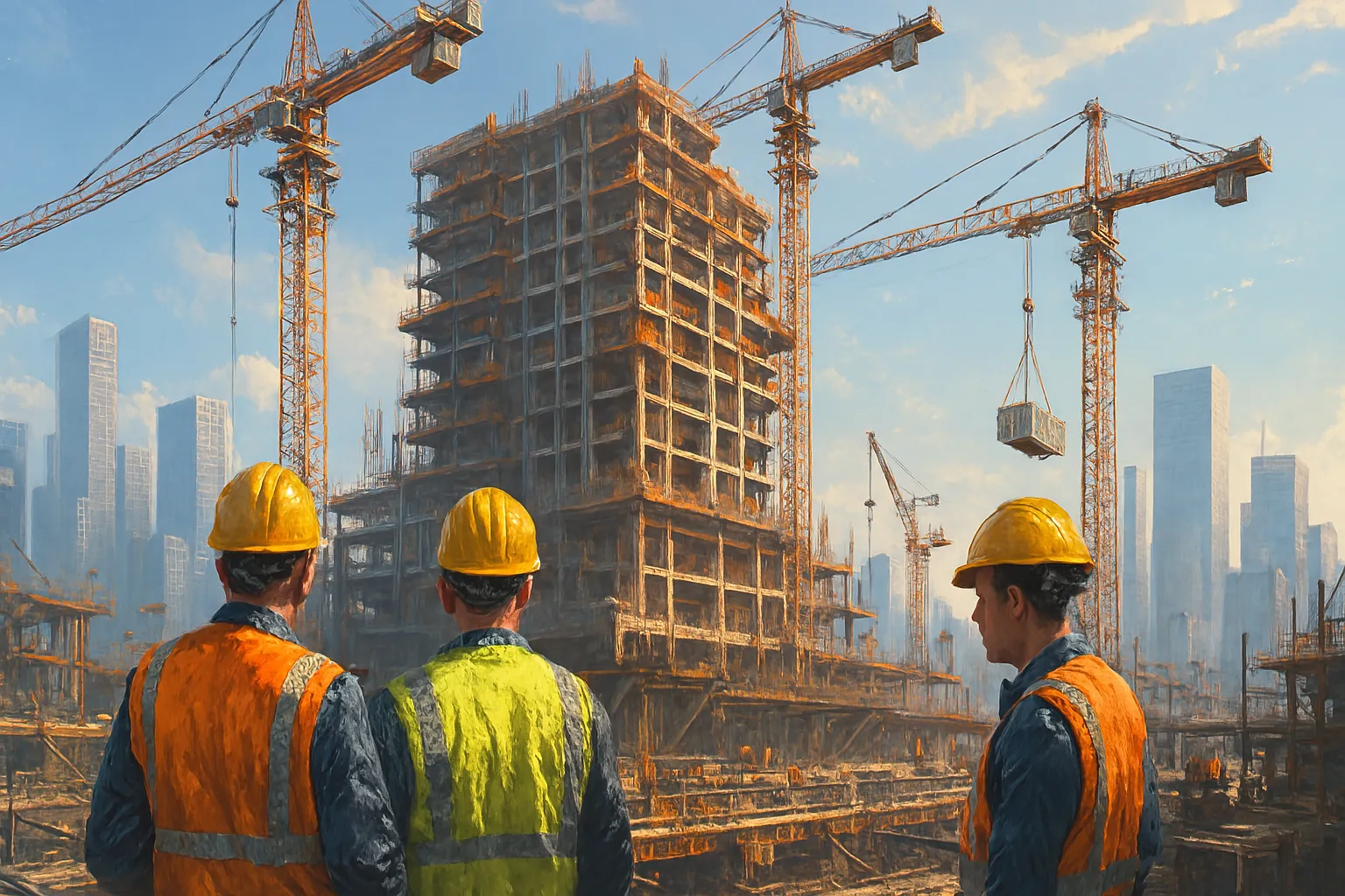 workers observing a building construction site at sunset