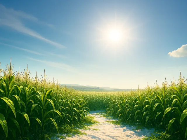 sunny field of corn stretching toward the horizon