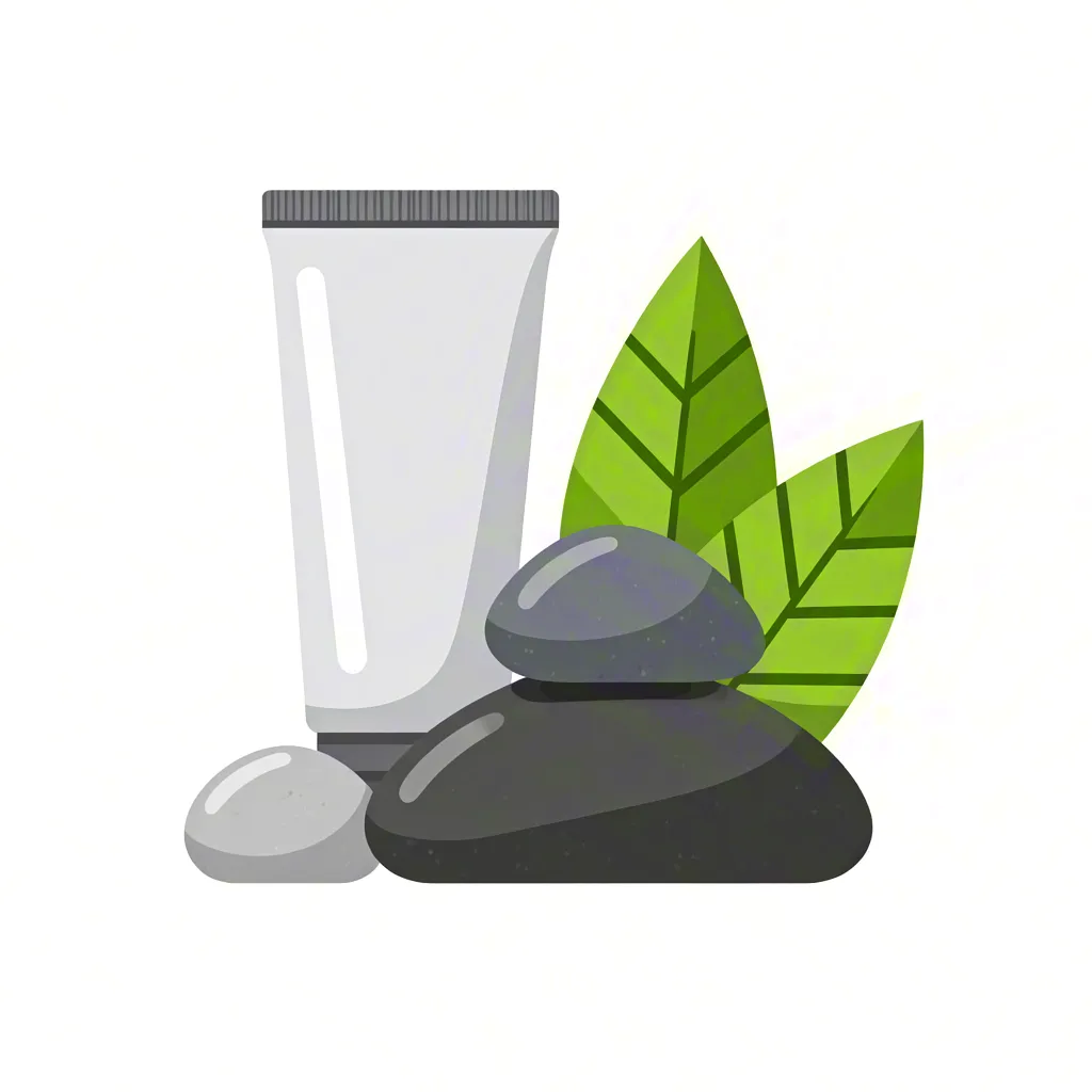 Skincare product illustration with tube, stones and green leaves on white background.