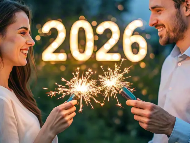 smiling couple holding sparklers with 2026 lights in background