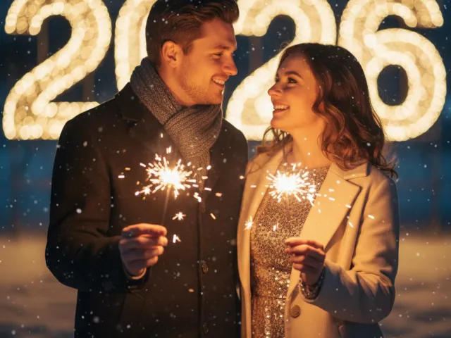 man and woman holding sparklers under glowing 2026 lights in winter night
