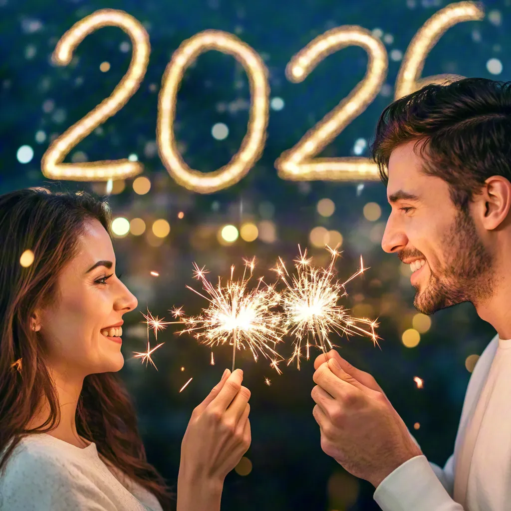 Couple celebrating New Year 2026 with sparklers