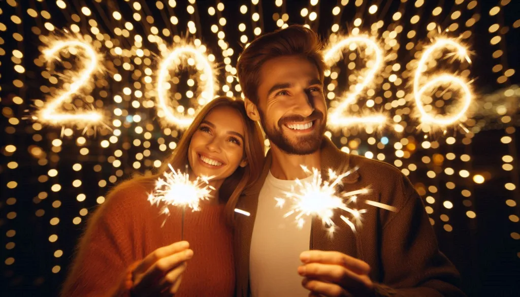 Couple celebrating New Year 2026 with sparklers