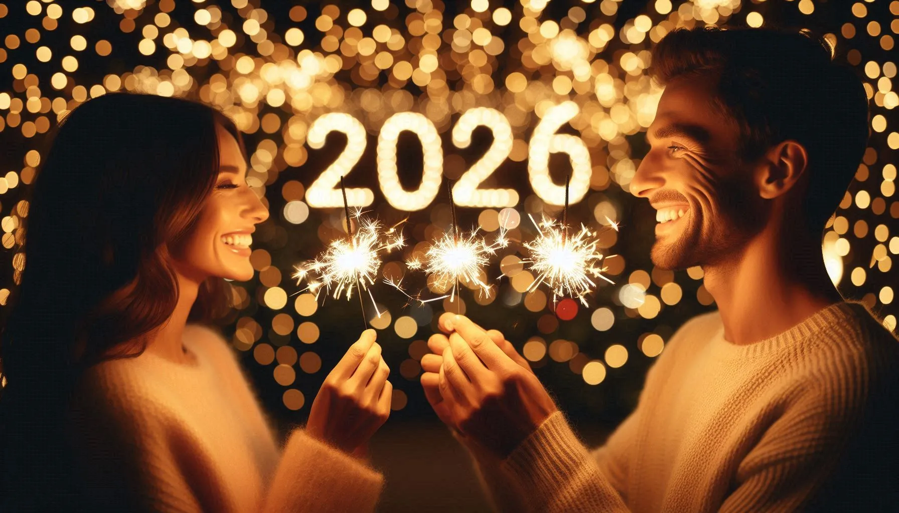 Couple holding sparklers in front of glowing 2026 lights