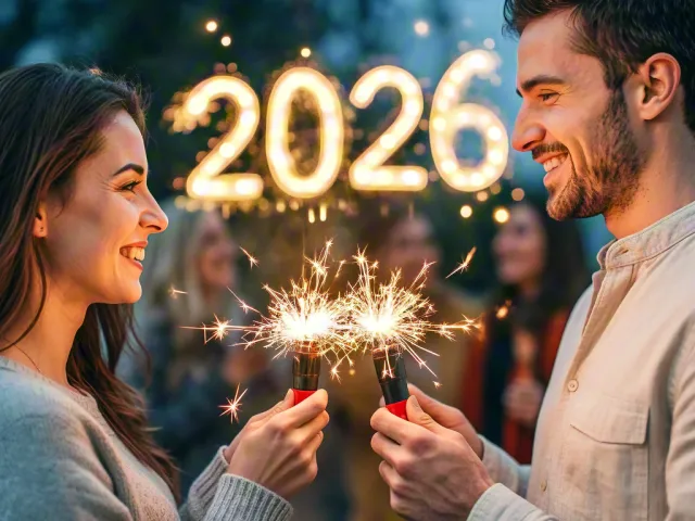 smiling couple holding sparklers in front of bright 2026 lights