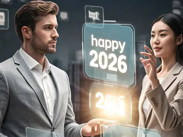 Stylish couple interacting with floating holographic Happy 2026 display