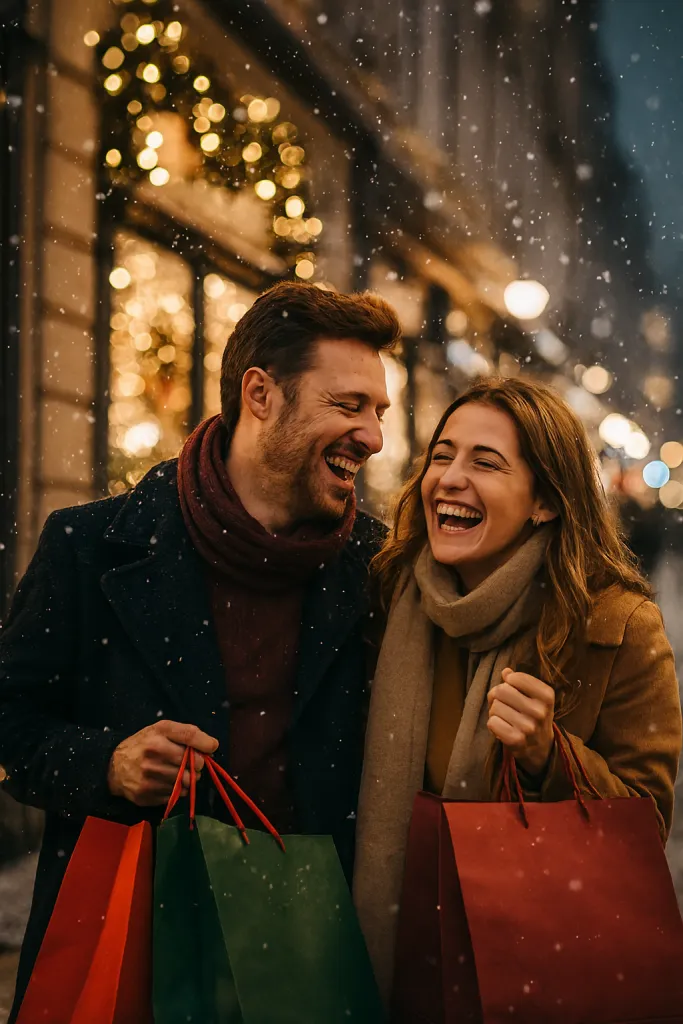 Couple shopping at Christmas market — festive moment