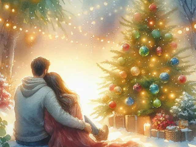 Couple enjoying warm Christmas lights near decorated tree