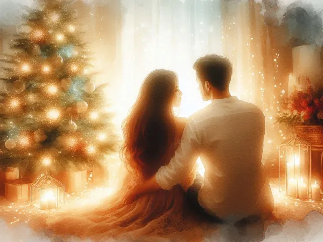 Romantic couple sitting together near glowing Christmas tree and warm holiday lights