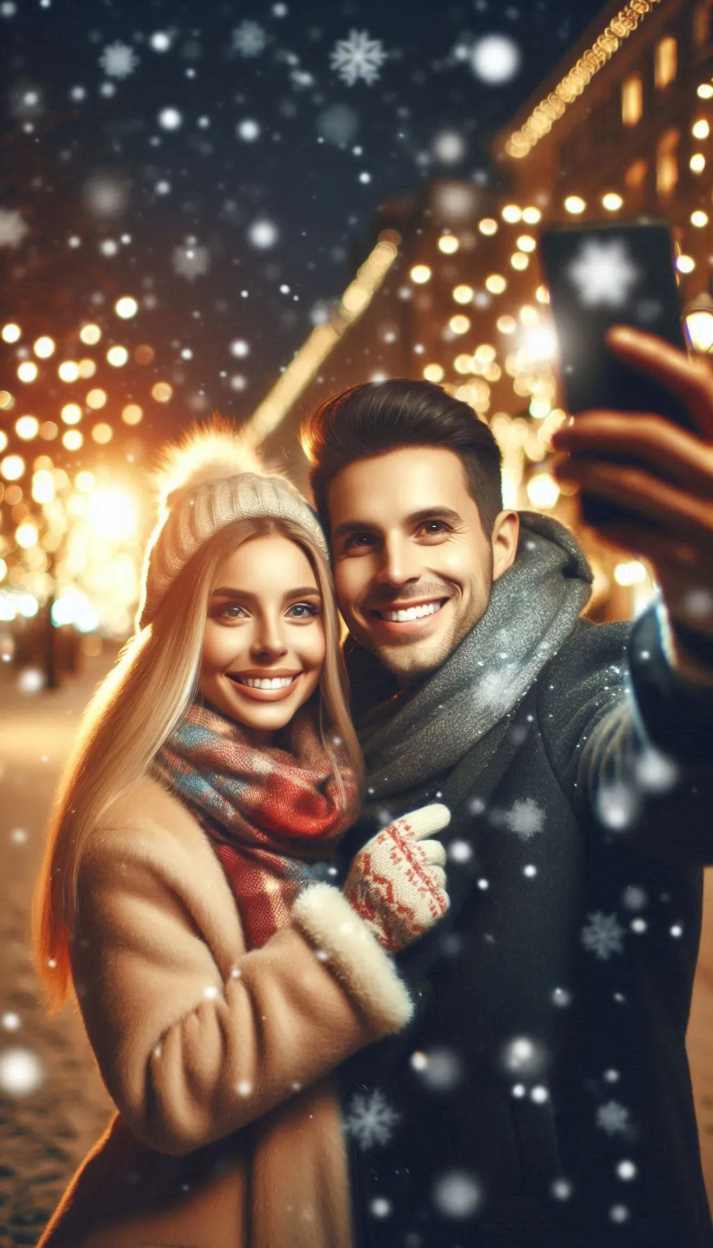 Smiling couple bundled in winter clothes taking a selfie under warm Christmas lights