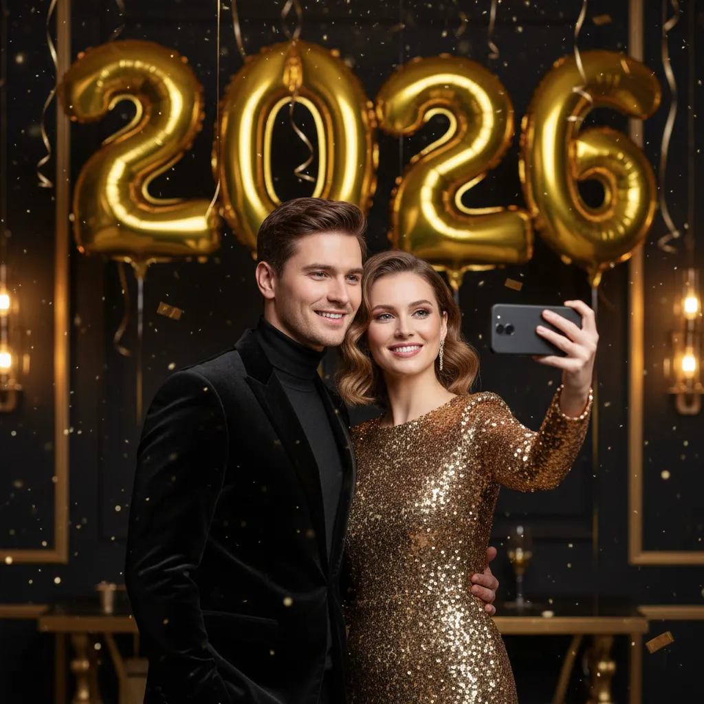 Couple taking selfie with 2026 balloons