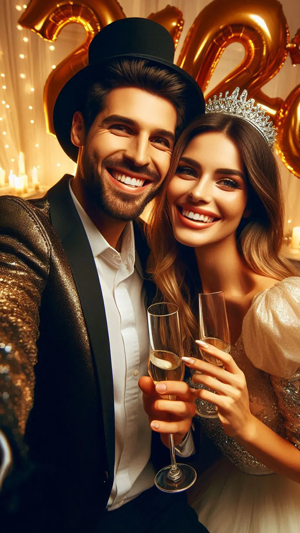 Stylish couple holding champagne glasses in warm golden celebration lights