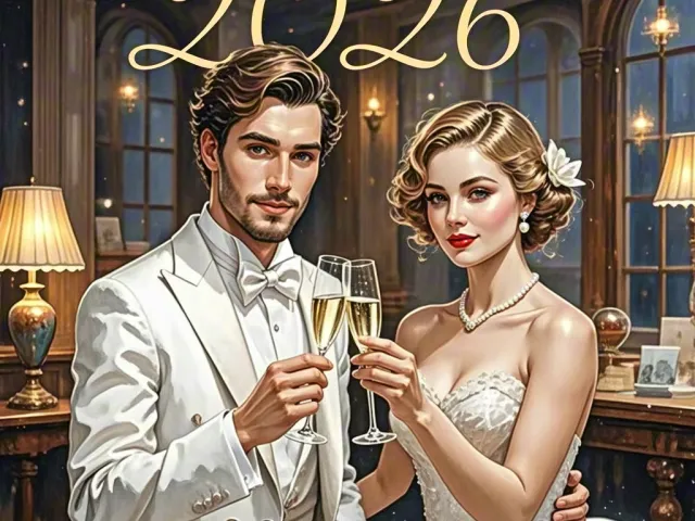 Elegant couple clinking glasses with 2026 lights in background