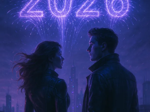 Silhouetted couple standing under glowing purple 2026 lights at night