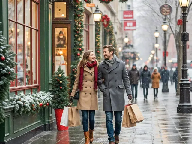 Smiling couple walking together along decorated holiday street