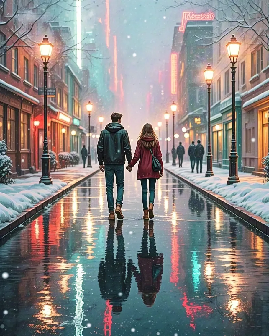 Man and woman strolling on festive winter street with lights and snow