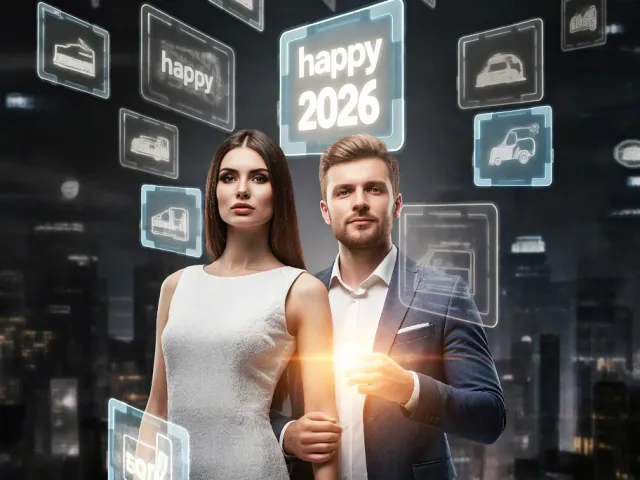 Man and woman posing among floating holographic New Year screens