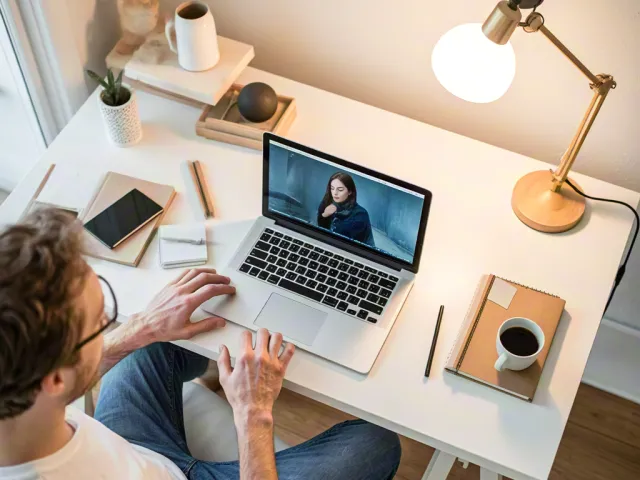 Man and woman having video call together in cozy home office