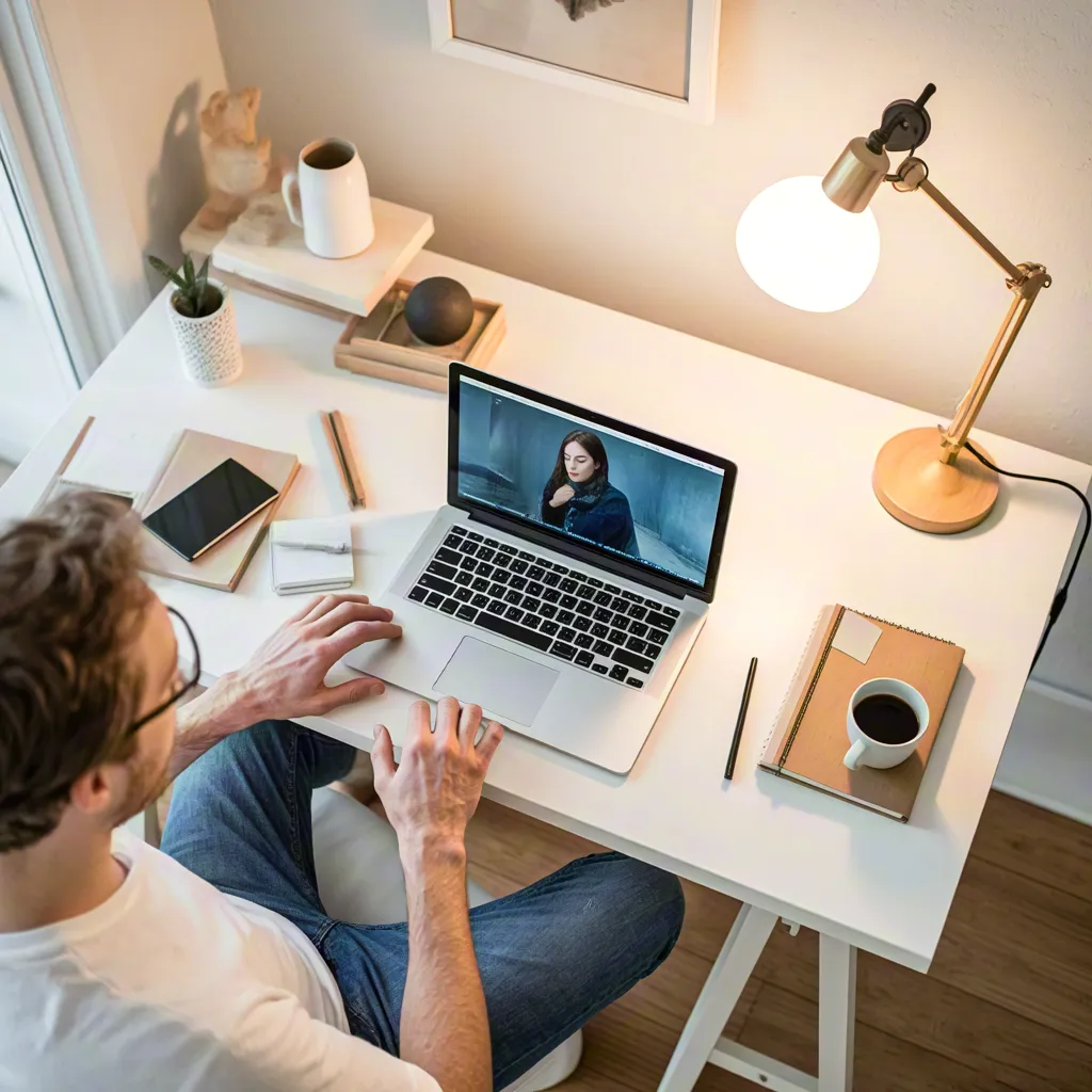 Couple working at home office — remote video call