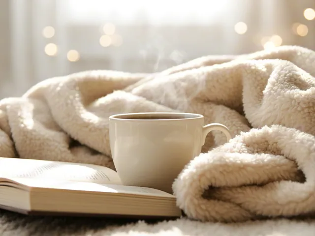 Warm blanket with cup of coffee and book