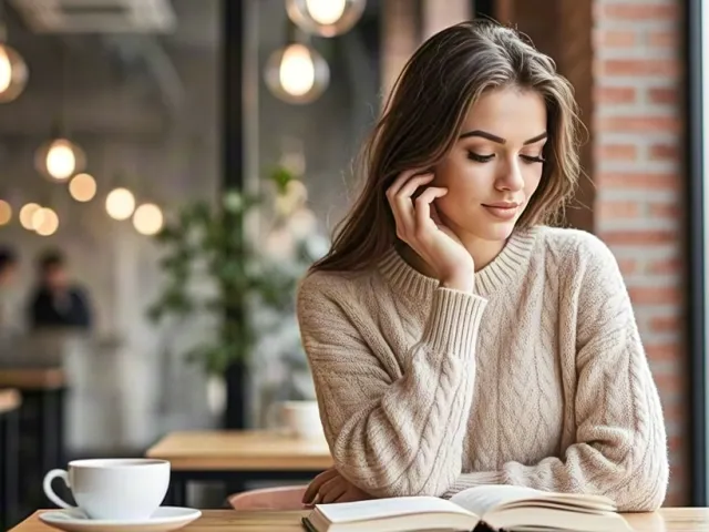 Woman reading a book at a café table with a warm drink, candid lifestyle shot