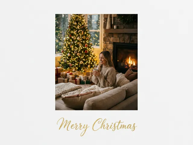 Woman relaxing by Christmas tree with warm lights and gifts