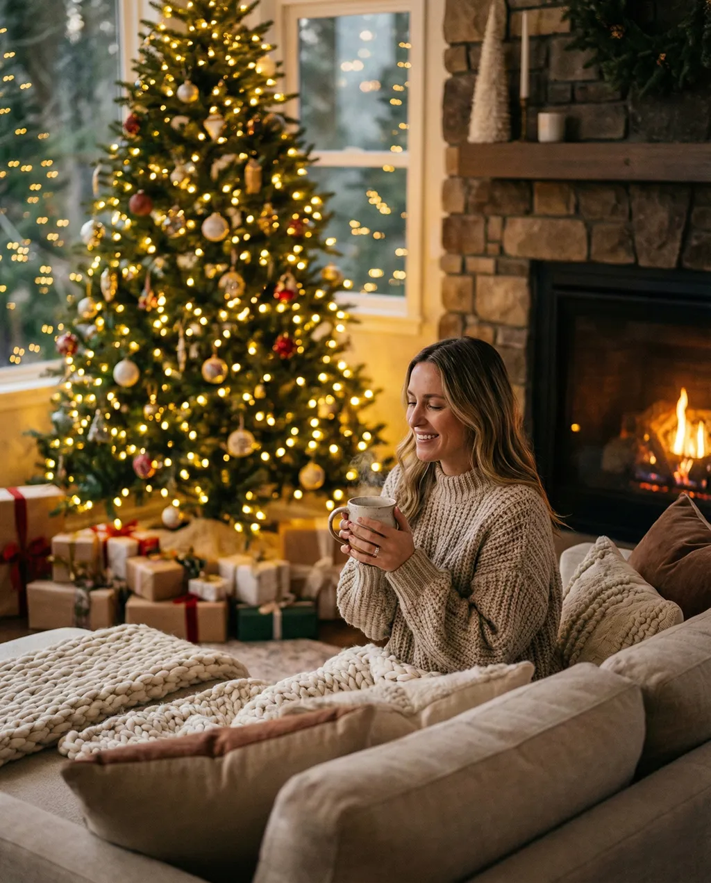 Woman sitting on sofa near decorated Christmas tree reading a book