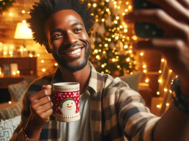 smiling man taking selfie holding holiday mug near christmas tree