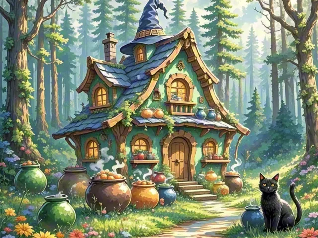 Charming wooden cottage in magical forest with cat and mushrooms