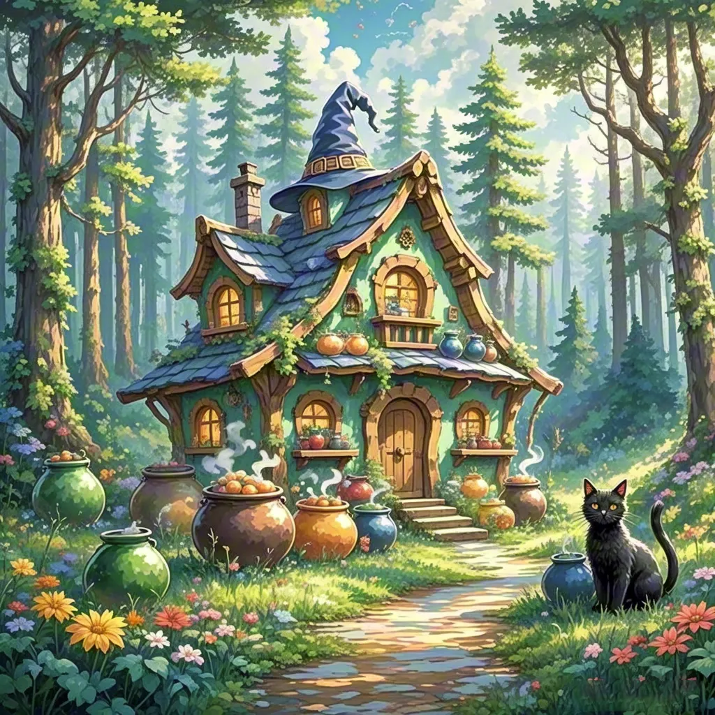 Cozy fairy-tale cottage in forest — fantasy artwork