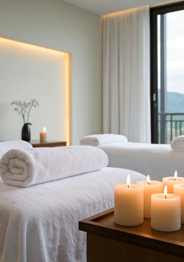 Cozy hotel suite with spa candles and view