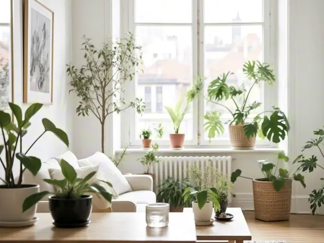 Bright living room with natural light and houseplants