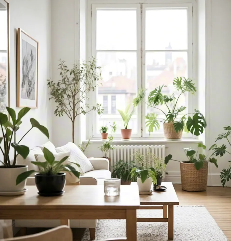 Cozy living room interior with plants