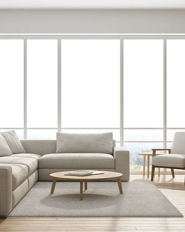 Cozy modern interior with sunlight and sofa