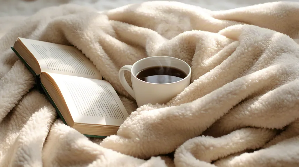 Cozy morning with coffee and book on blanket