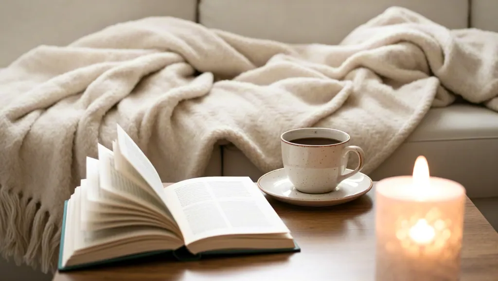 Cozy reading scene with blanket and candle