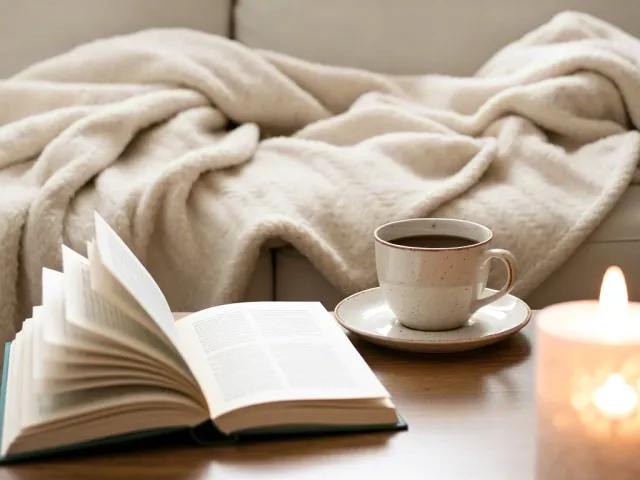 Open book, blanket and candle in cozy setting