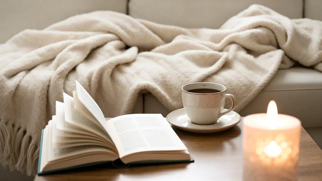 Open book, blanket and candle in cozy setting