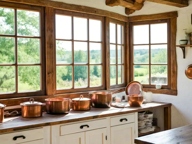Warm rustic kitchen with wooden cabinets and cookware
