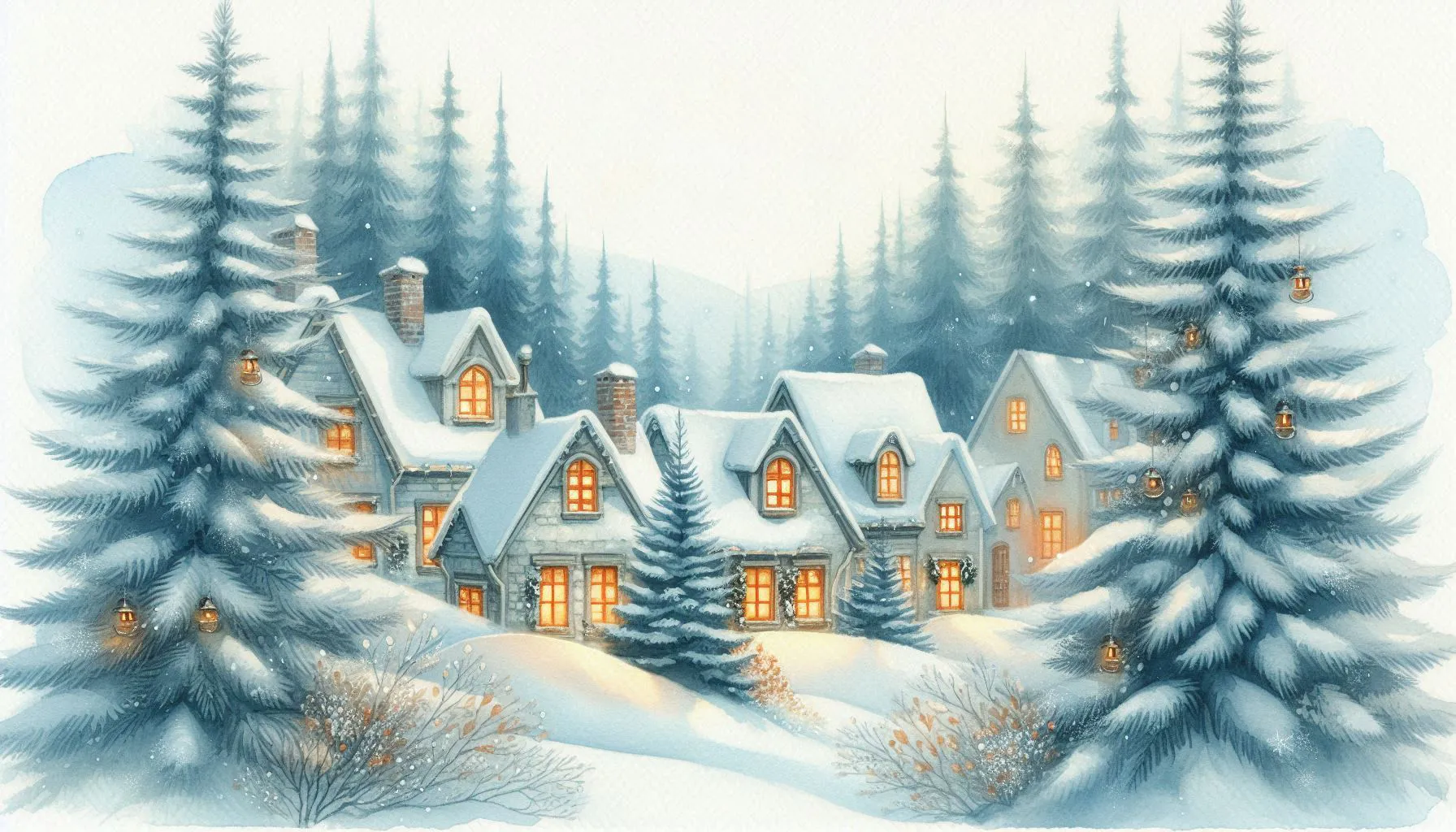 Winter village scene with glowing lights and tall pine trees